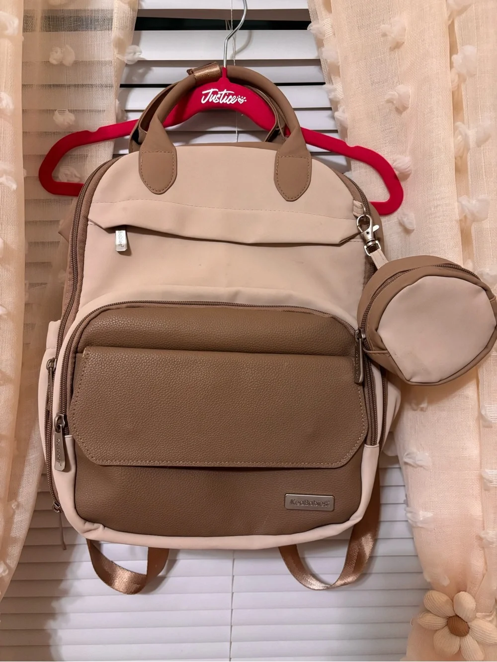 Tan & Cream Baby Backpack Diaper Bag with Detachable Coin Pouch